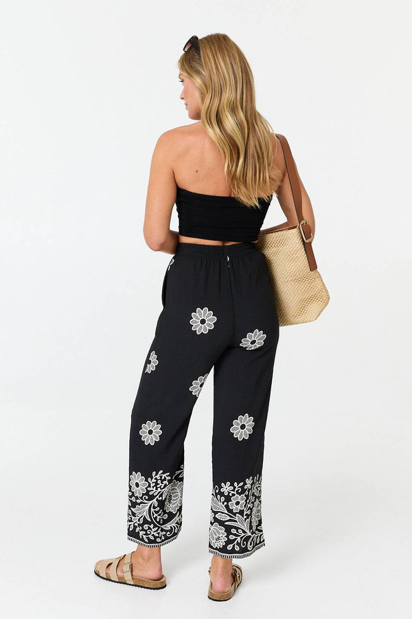 Black | Floral Border Print Wide Trousers
