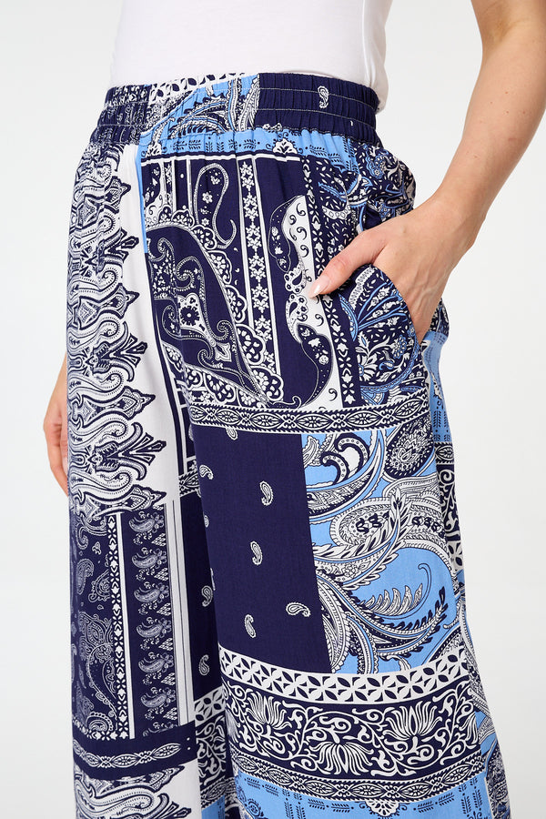 Navy | Patchwork Print Wide Leg Trousers