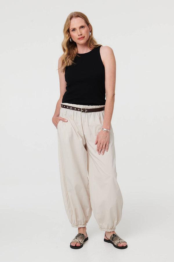 Beige | Belted Relaxed Wide Leg Barrel Trousers