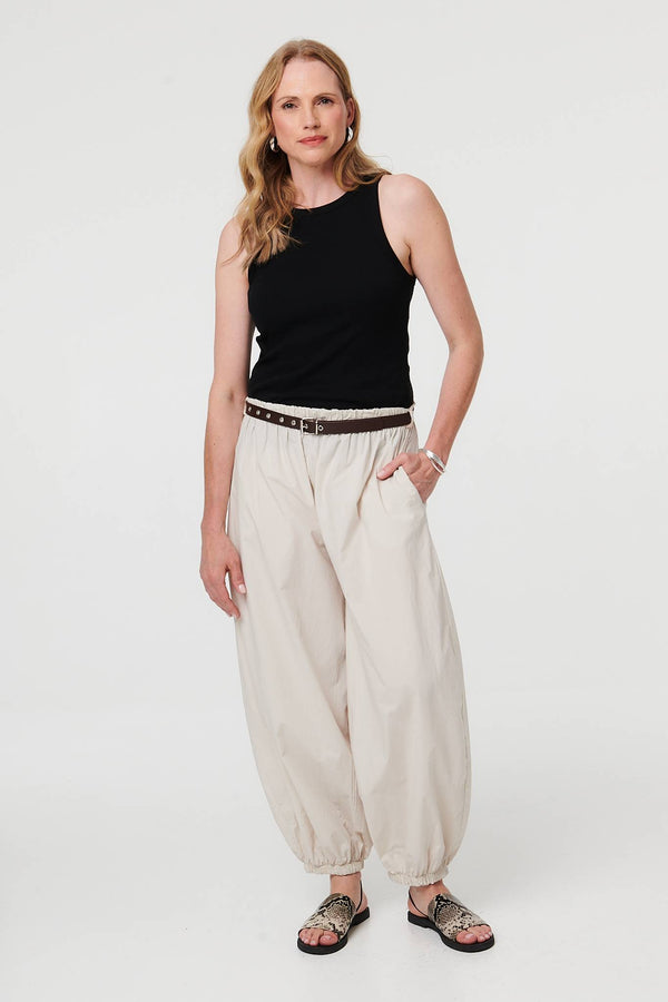 Beige | Belted Relaxed Wide Leg Barrel Trousers