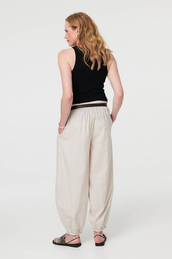 Beige | Belted Relaxed Wide Leg Barrel Trousers