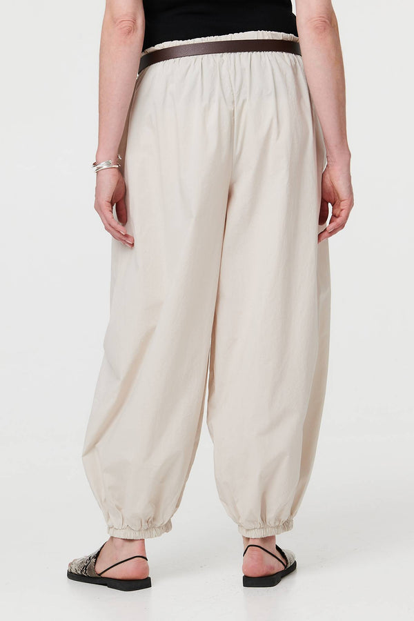 Beige | Belted Relaxed Wide Leg Barrel Trousers