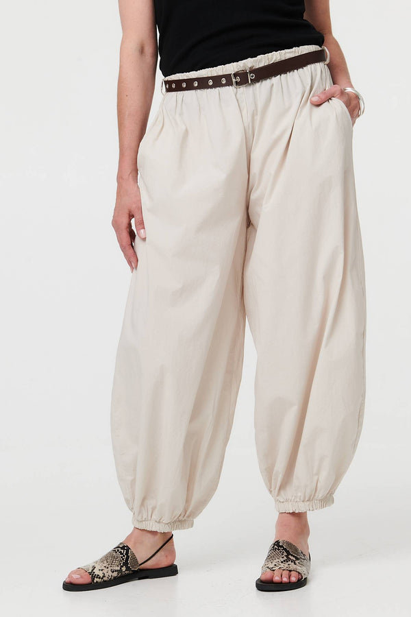 Beige | Belted Relaxed Wide Leg Barrel Trousers