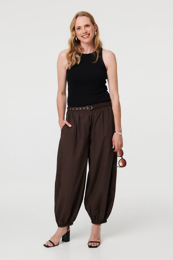 Brown | Belted Relaxed Wide Leg Barrel Trousers