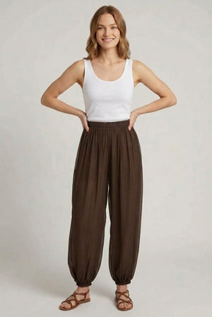 Brown | Semi Sheer Layer High Waist Harem Pants : Model is 5'6