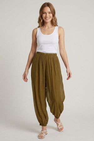 Olive | Semi Sheer Layer High Waist Harem Pants : Model is 5'6