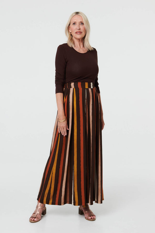 Brown | Striped High Waist Wide Trousers