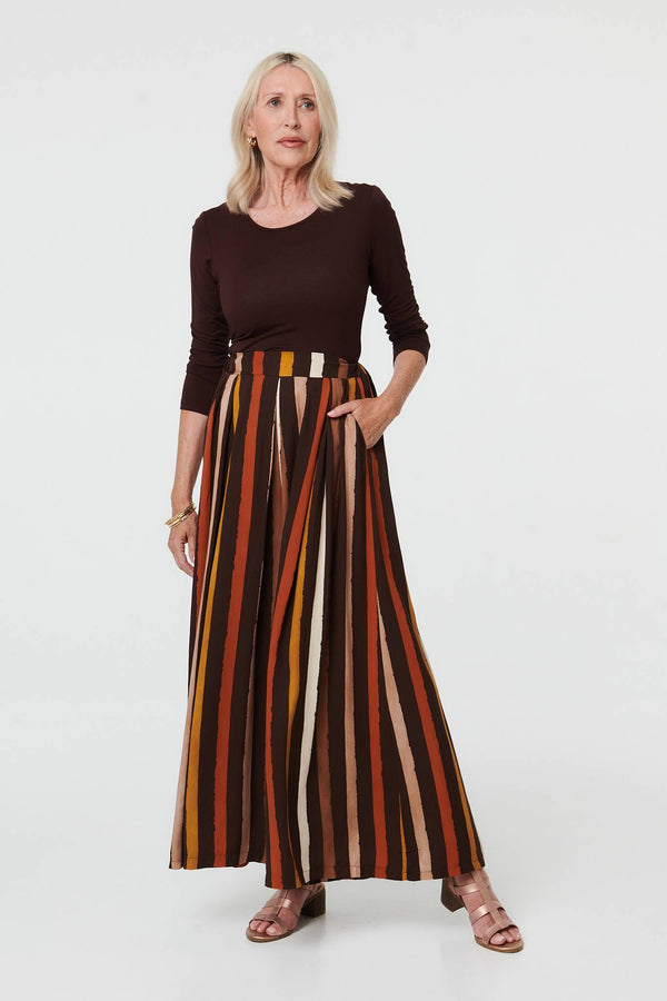 Brown | Striped High Waist Wide Trousers