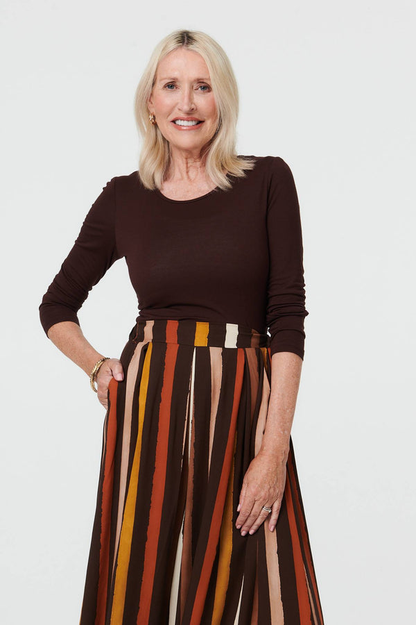 Brown | Striped High Waist Wide Trousers