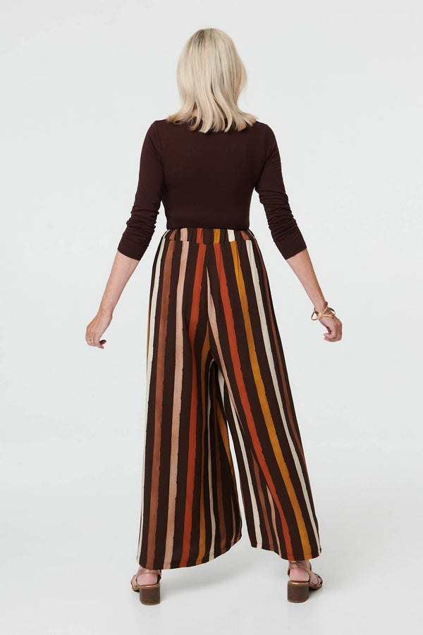 Brown | Striped High Waist Wide Trousers