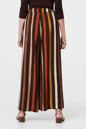 Brown | Striped High Waist Wide Trousers