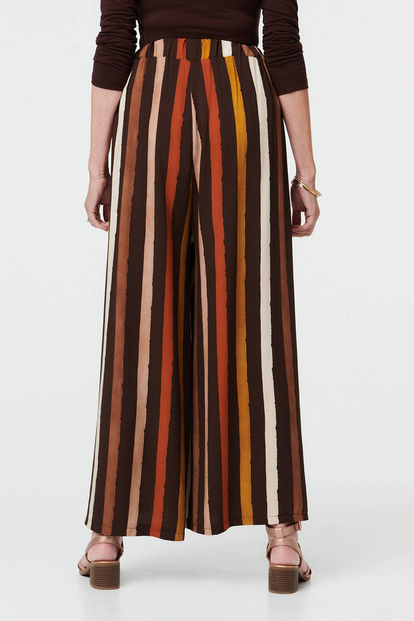Brown | Striped High Waist Wide Trousers