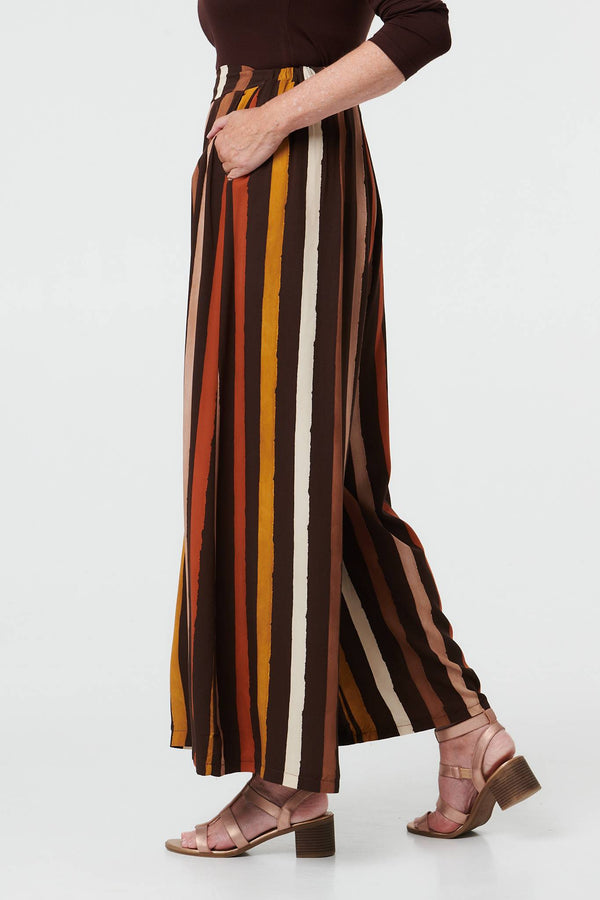 Brown | Striped High Waist Wide Trousers