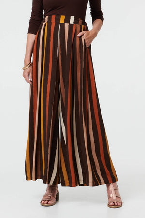 Brown | Striped High Waist Wide Trousers