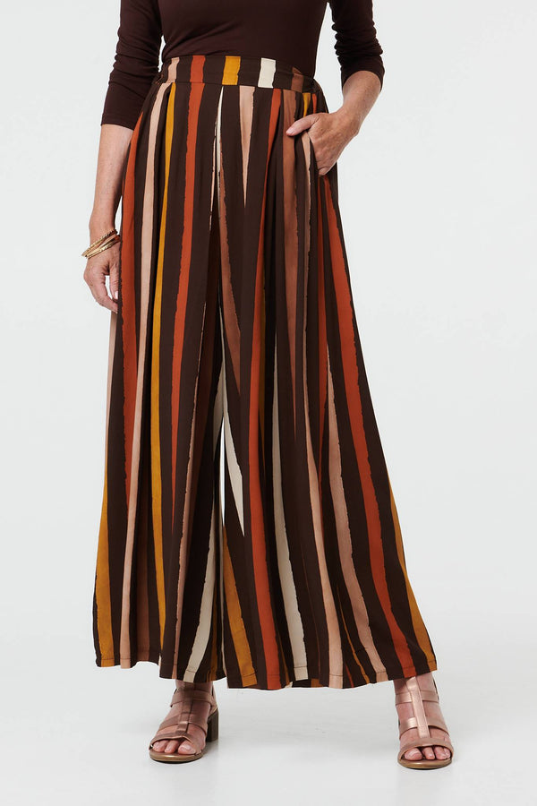 Brown | Striped High Waist Wide Trousers