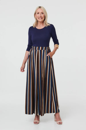 Navy | Striped High Waist Wide Trousers : Model is 5'8