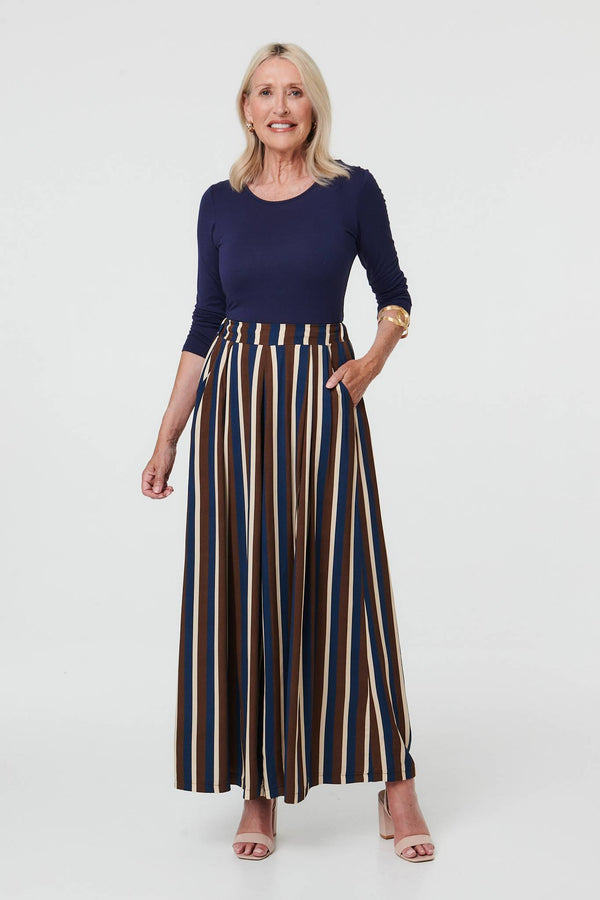 Navy | Striped High Waist Wide Trousers