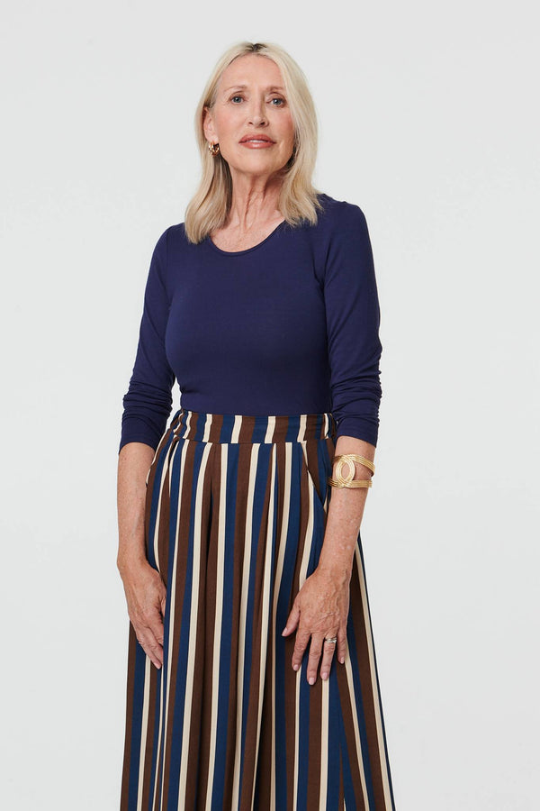 Navy | Striped High Waist Wide Trousers