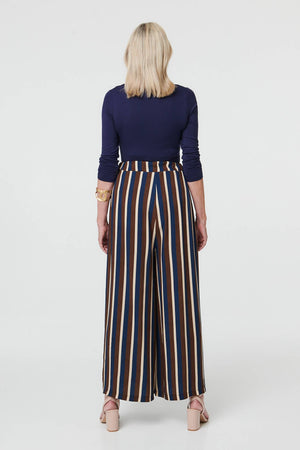 Navy | Striped High Waist Wide Trousers