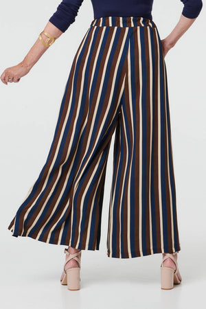Navy | Striped High Waist Wide Trousers