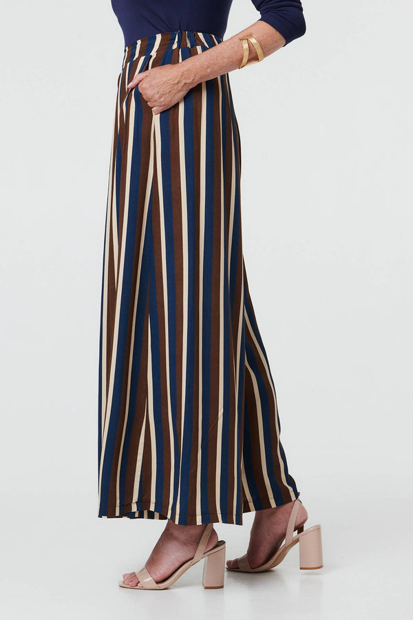 Navy | Striped High Waist Wide Trousers