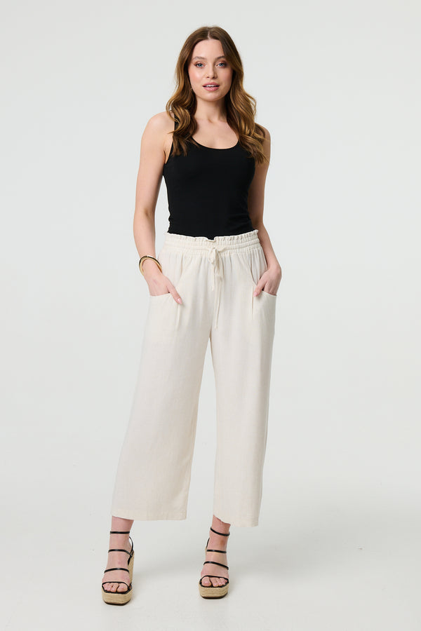 Beige | Elasticated Waist Crop Wide Leg Trousers

