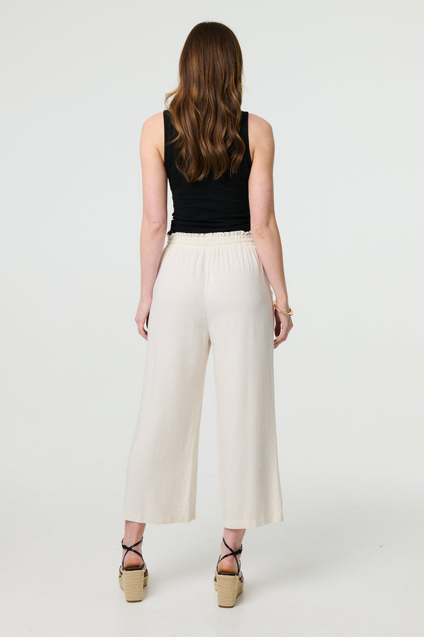 Beige | Elasticated Waist Crop Wide Leg Trousers
