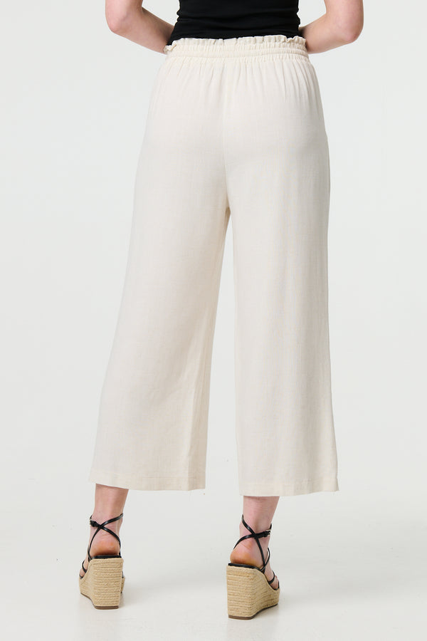 Beige | Elasticated Waist Crop Wide Leg Trousers

