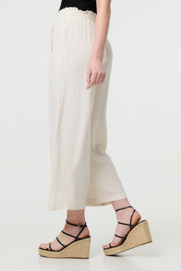 Beige | Elasticated Waist Crop Wide Leg Trousers
