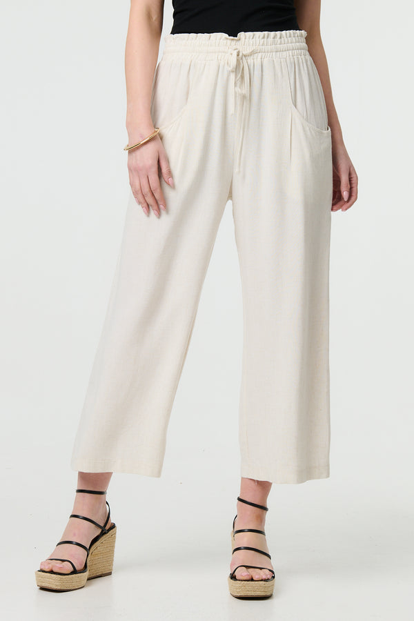 Beige | Elasticated Waist Crop Wide Leg Trousers
