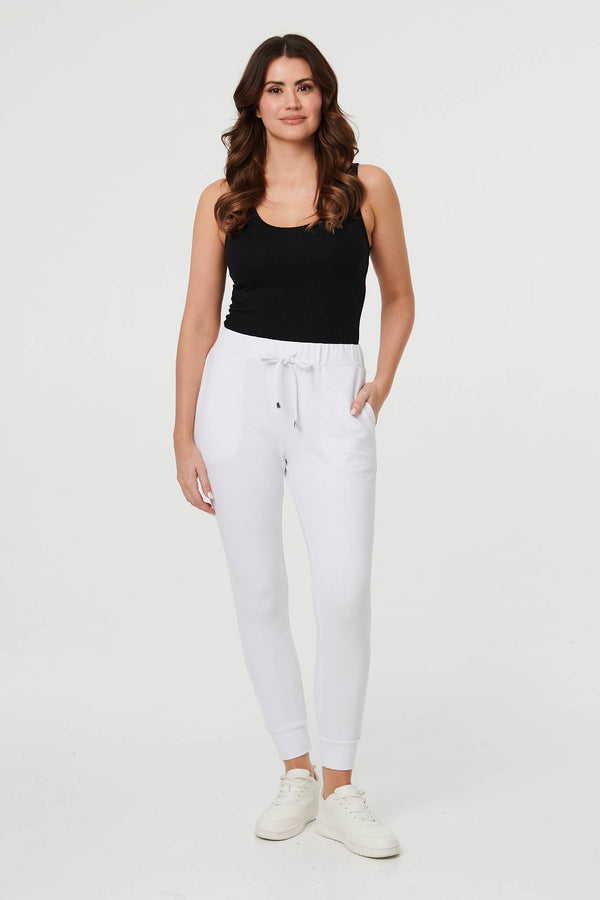 White | Adjustable Drawstring Waist Slim Joggers : Model is 5'9"/175 cm and wears UK10/EU38/US6/AUS10