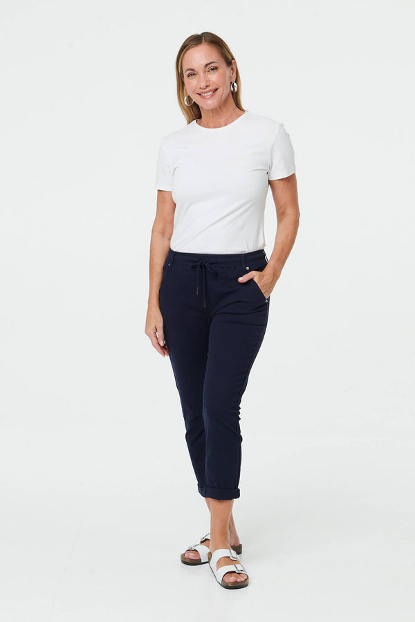 Navy | High Waist Skinny Cropped Trousers