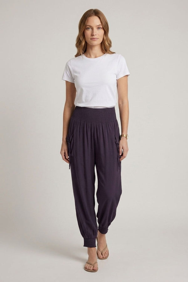 Navy | High Waist Pull On Tapered Pants
