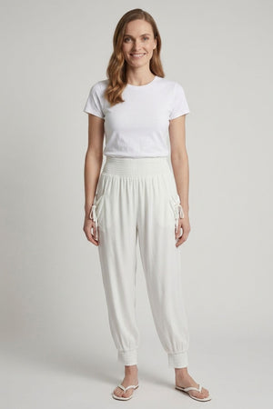White | High Waist Pull On Tapered Pants