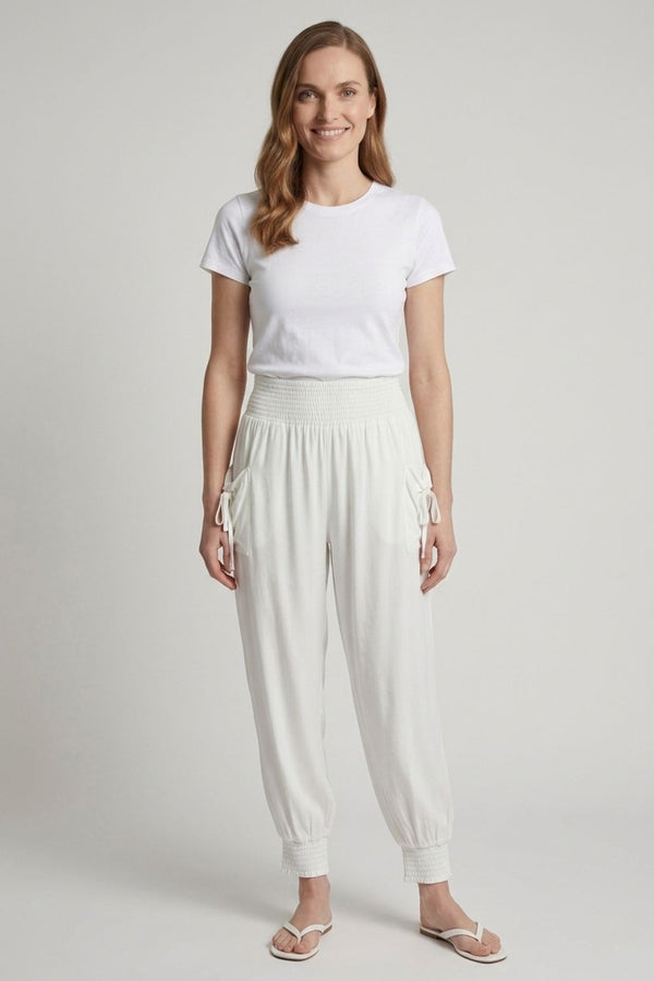 White | High Waist Pull On Tapered Pants