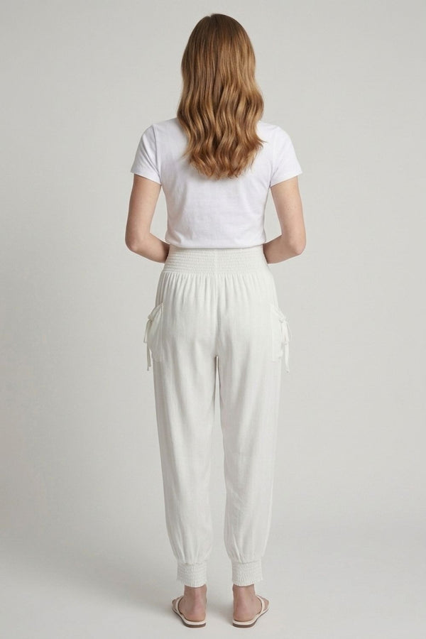 White | High Waist Pull On Tapered Pants