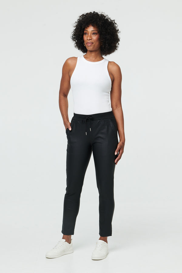 Black | Faux Leather Tie Waist Slim Trousers
