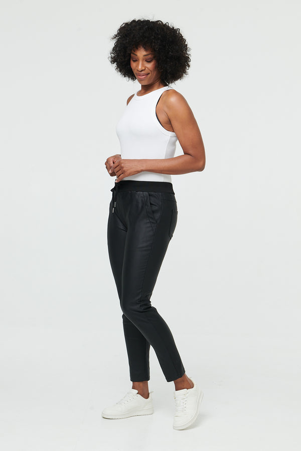 Black | Faux Leather Tie Waist Slim Trousers
