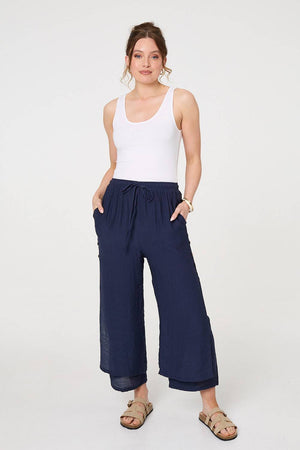 Navy | High Waist Side Split Layered Trousers : Model is 5'9