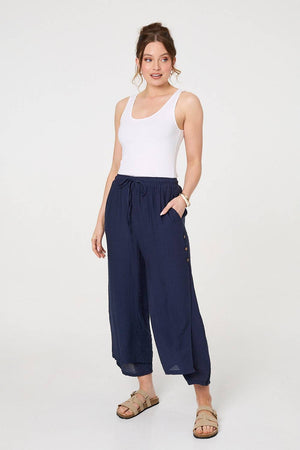 Navy | High Waist Side Split Layered Trousers
