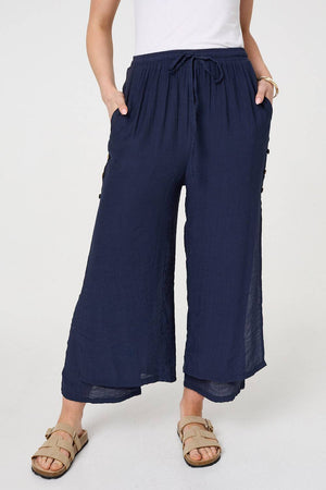 Navy | High Waist Side Split Layered Trousers
