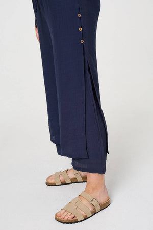 Navy | High Waist Side Split Layered Trousers
