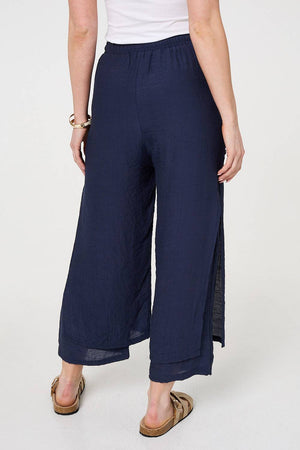 Navy | High Waist Side Split Layered Trousers
