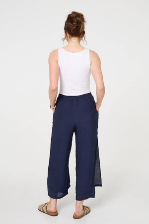 Navy | High Waist Side Split Layered Trousers
