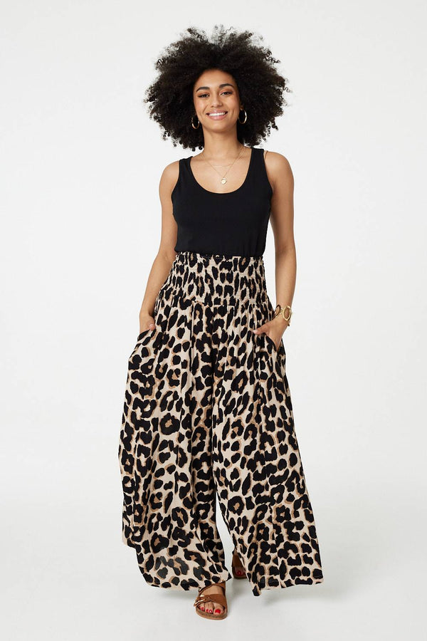 Beige | Animal Print High Waist Wide Leg Trousers