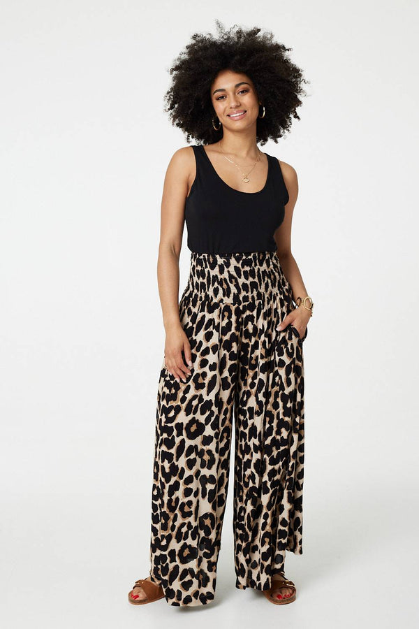 Beige | Animal Print High Waist Wide Leg Trousers