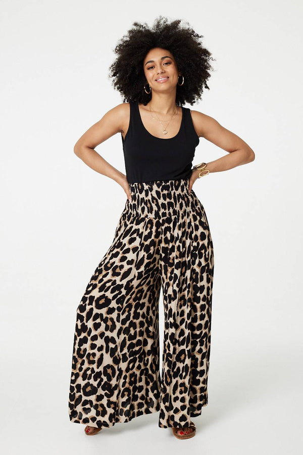 Beige | Animal Print High Waist Wide Leg Trousers