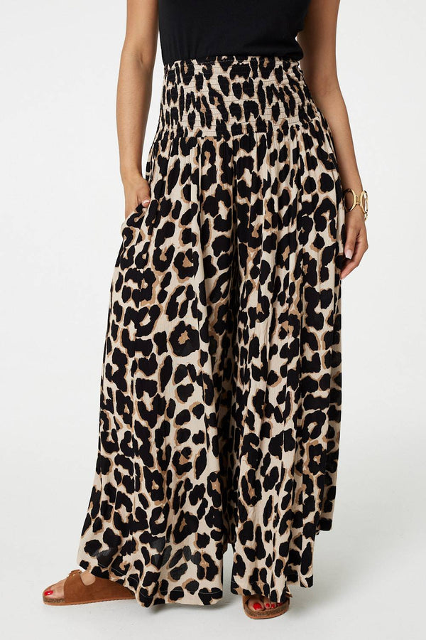 Beige | Animal Print High Waist Wide Leg Trousers