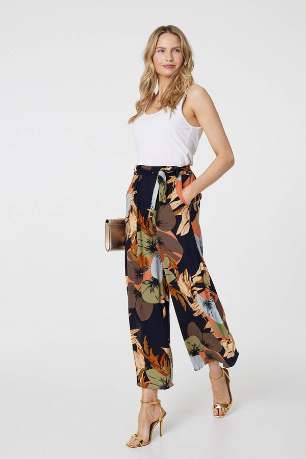Navy | Leaf Print Tie Waist Split Leg Trousers