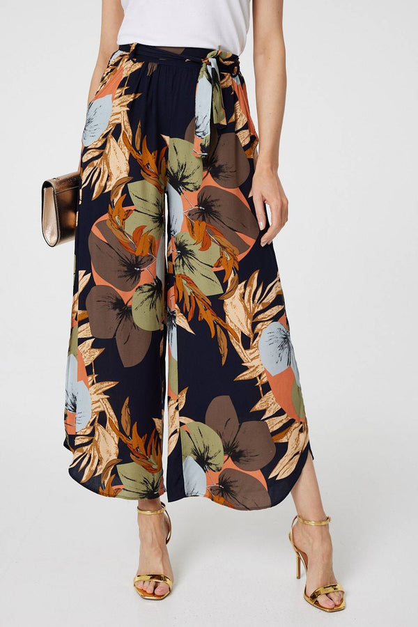 Navy | Leaf Print Tie Waist Split Leg Trousers